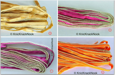 Satin Lace Trim Ribbon With Silver Gold Bead Piping, 13 Variations, Approx. 11 mm wide